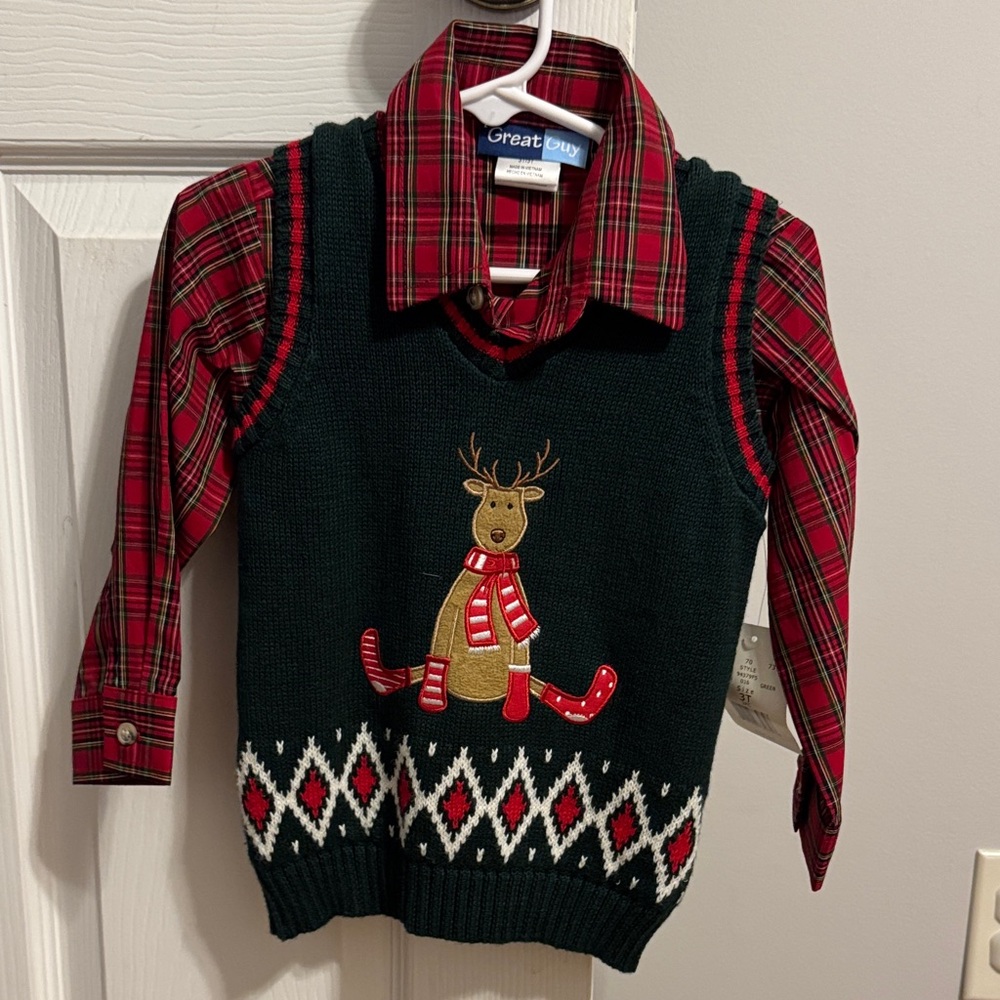 Great Guy Red Plaid Kids Button-Down Shirt with Green Reindeer Vest